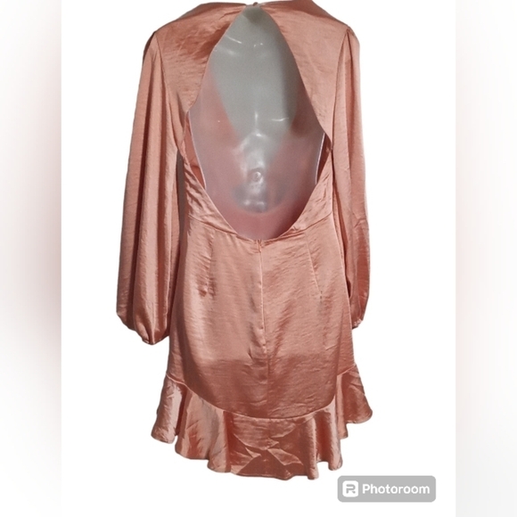 Selfie Peach Tie Front Puff Sleeve Open Back Ruffle Hem Mini Dress Size 12 - Picture 4 of 8